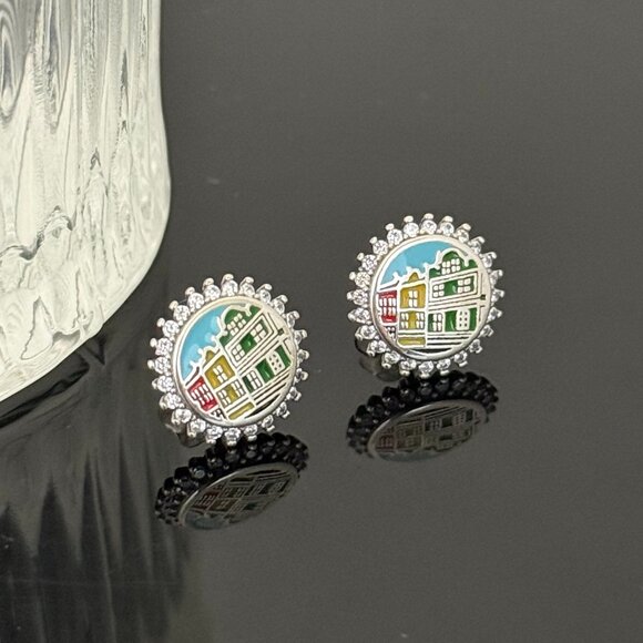Jewelry - Rainbow Row Charleston Bling Earrings S925 Sterling Silver Handmade Ear Stud